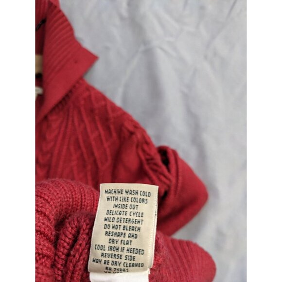 L.L. Bean Sweater Red Cable Knit Fisherman Button Up Turtleneck Womens Size L - Picture 8 of 12